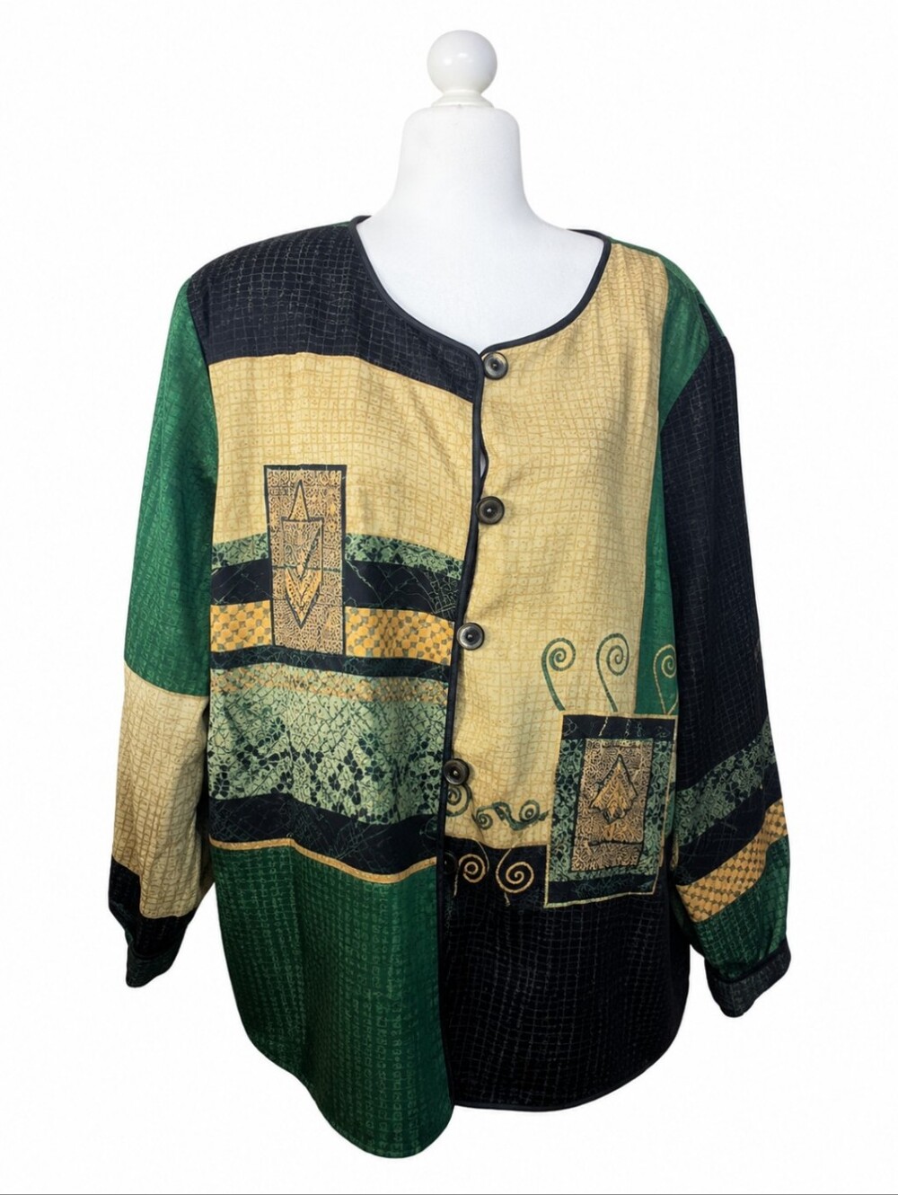 Vtg Artistic Patchwork Green and Black Button-Up Boxy Unique Indie Jacket Sz 1X